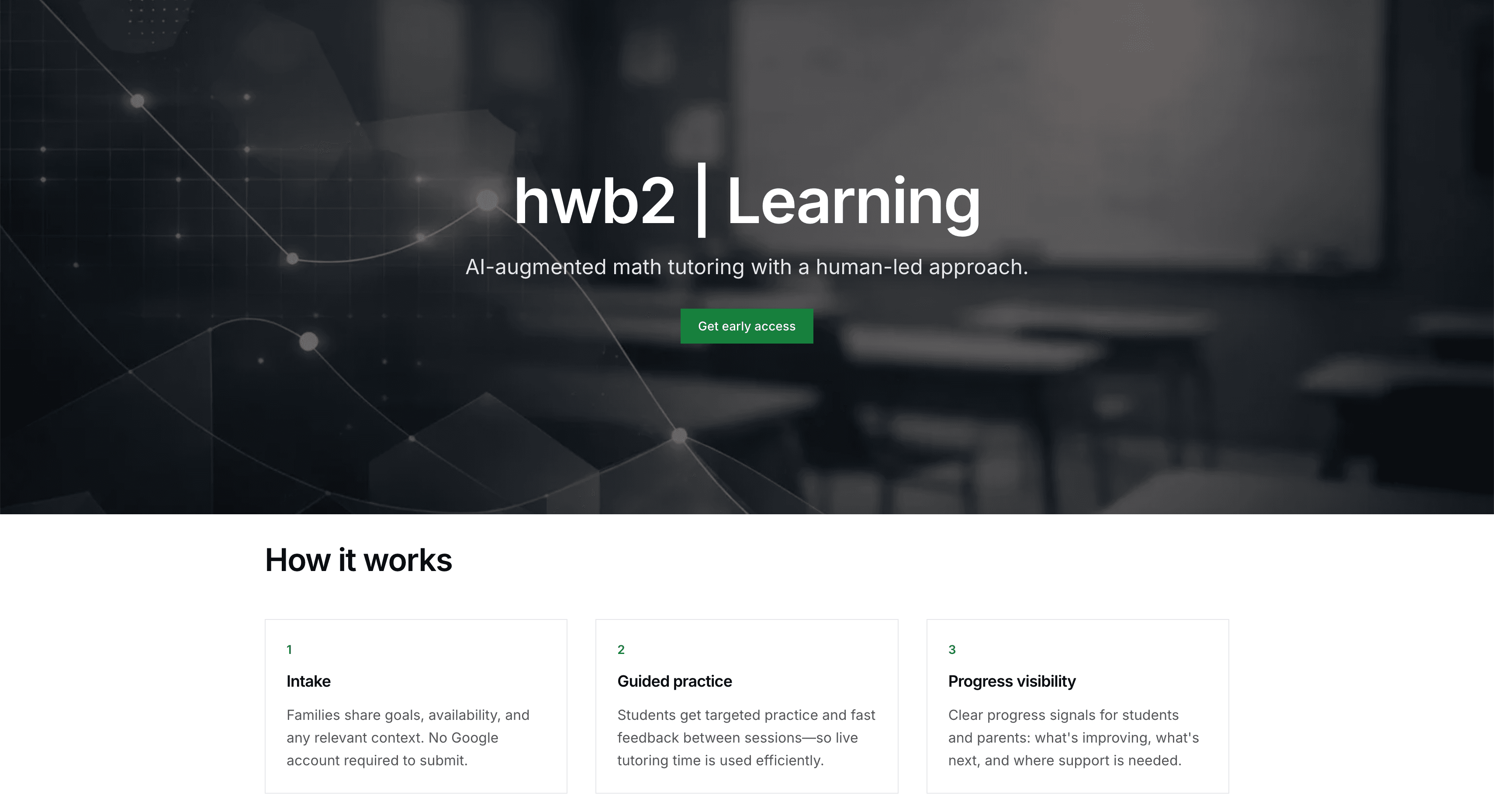 The rebuilt hwb2learning.com homepage.